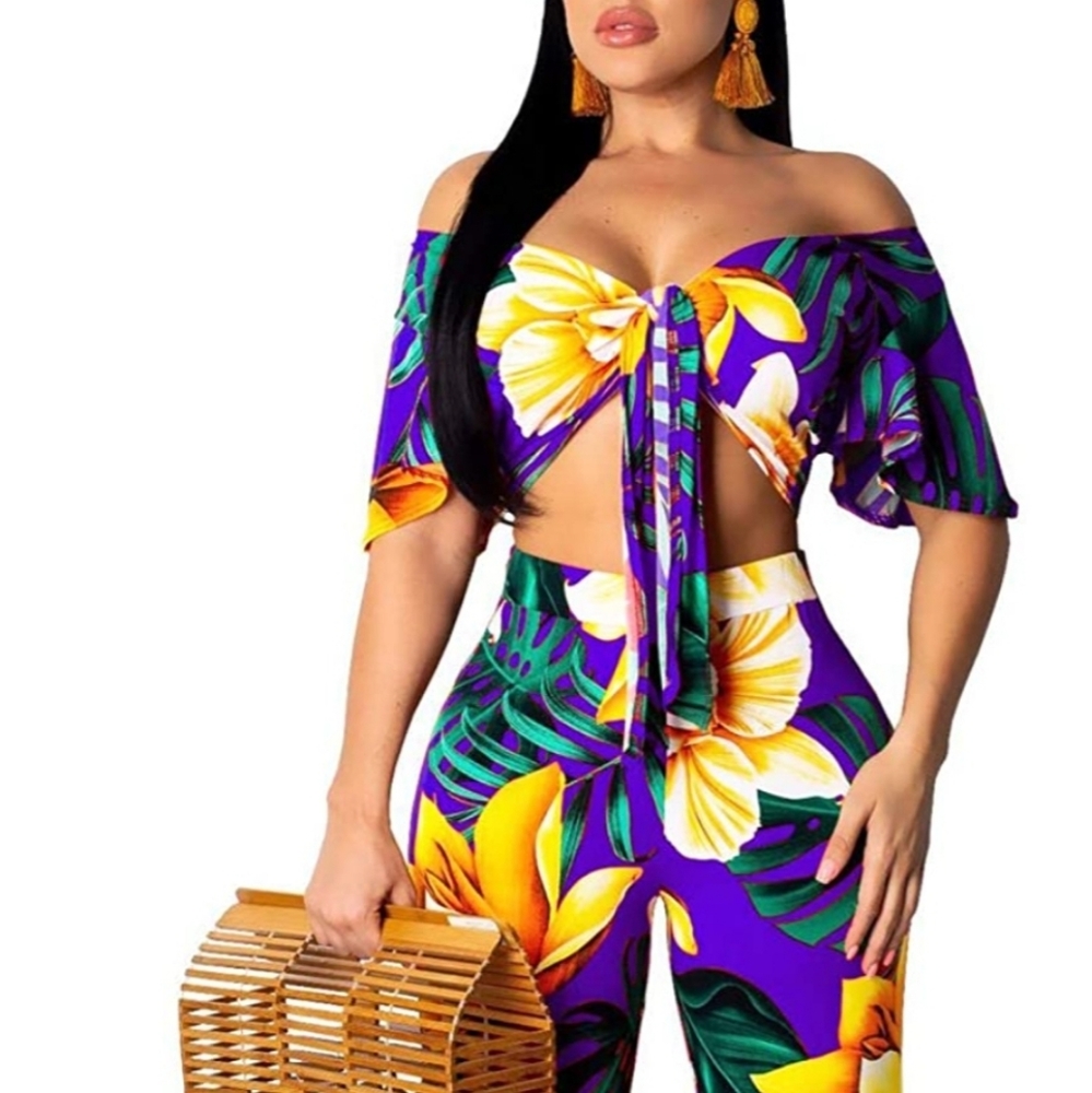 Two Piece Outfits V Neck Off Shoulder Long Straight Pants